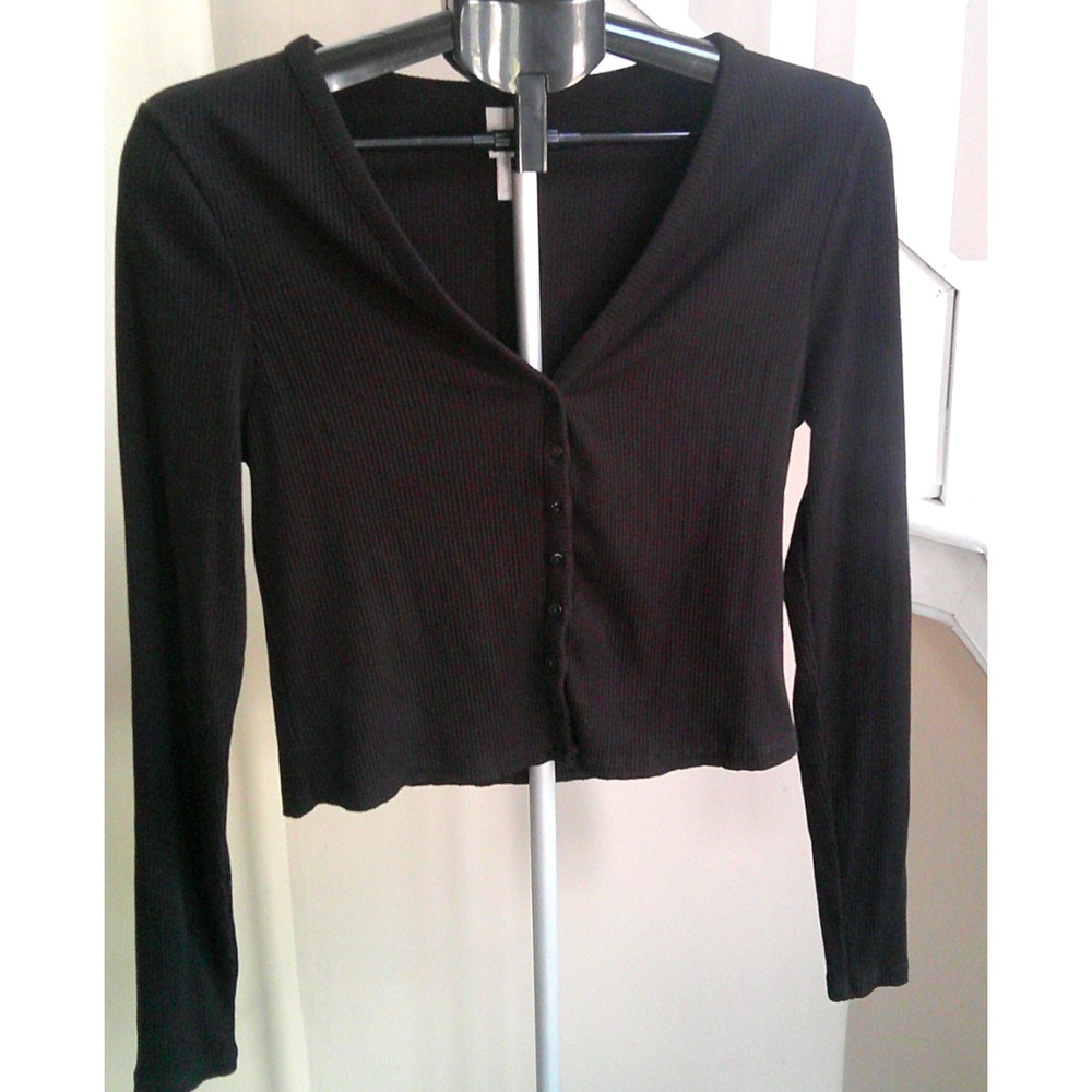 H&M V-neck, Button up, Long Sleeve Shirt Black Ribbed Women's Medium